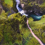 Looking down on a canyon in Iceland where two waterfalls connect